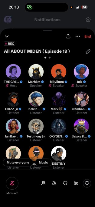 A screenshot of a Twitter Spaces recording titled 'All ABOUT MIDEN (Episode 19)' featuring multiple speaker and listener avatars, with the mic muted.