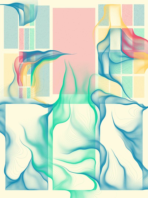 An abstract digital artwork featuring flowing, wave-like patterns in blue and green, with a pink rectangular background and grid elements.