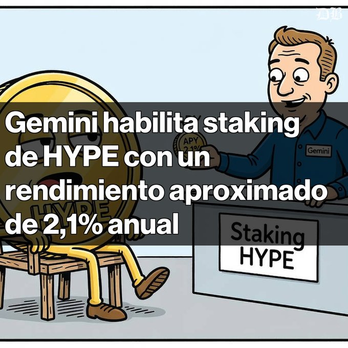 A cartoon illustration parody showing a man at a "Staking HYPE" counter offering a coin with "APY 2.1%" to a bored-looking HYBE coin, captioned in Spanish: "Gemini habilita staking de HYPE con un rendimiento aproximado de 2,1% anual" (Gemini enables HYPE staking with an approximate annual yield of 2.1%).