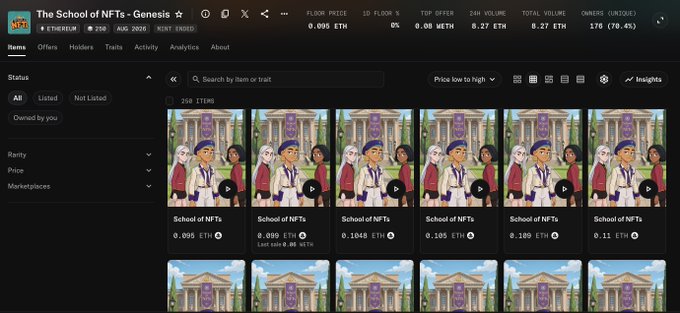 This image shows an NFT marketplace listing page for "The School of NFTs - Genesis" collection on Ethereum, displaying 256 items with a floor price of 0.095 ETH, 24-hour volume of 0.27 ETH, and 176 (70.4%) minted. The post celebrates that the collection has been minted and shared on Flamingos platform, congratulating minters on achieving 10x the mint price.