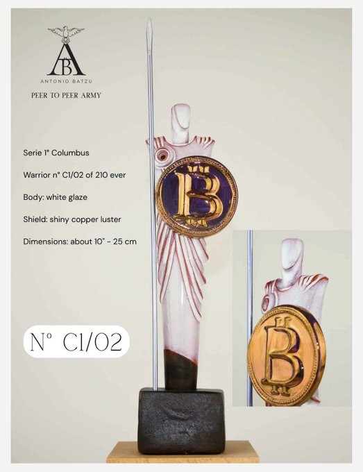 A product image from Antonio Batsu's "Peer To Peer Army" Serie I° Columbus, Warrior n° CI/02 of 210 ever, featuring a white glaze figurine with a shiny copper luster Bitcoin shield and spear (about 10" - 25 cm).