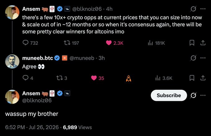 A screenshot of a Twitter exchange between crypto influencer Ansem (@blknoiz06) and muneeb.btc (@muneeb), where Ansem notes "there's a few 10x+ crypto opps at current prices" and the pair greet each other warmly, tying into the post's suggestion that Ansem is re-entering the Stacks ($STX) ecosystem after holding OG $STX coins in 2024.