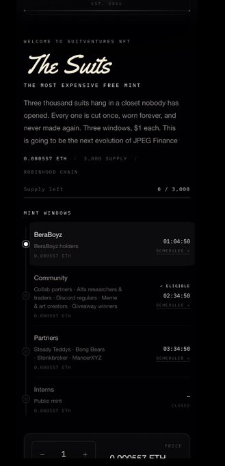 A screenshot of a website for 'The Suits' NFT mint by SuitVentures, priced at 0.000557 ETH with 3,000 supply on the Robinhood Chain, listing mint windows for BeraBoyz, Community, Partners, and Interns.