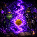 A mystical Halloween-themed illustration shows two cloaked figures—one a green witch and the other a grim reaper—flanking a glowing purple portal with a golden coin at its center, with an open spellbook below. The dark, magical aesthetic complements the post's promotion of the $DEADS crypto ecosystem, evoking a sense of mysterious, otherworldly gains.