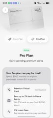 A mobile app screen shows a 'Pro Plan' subscription offer for $5.00/month, highlighting features like unlimited prompts, premium virtual cards, and zero transaction fees.