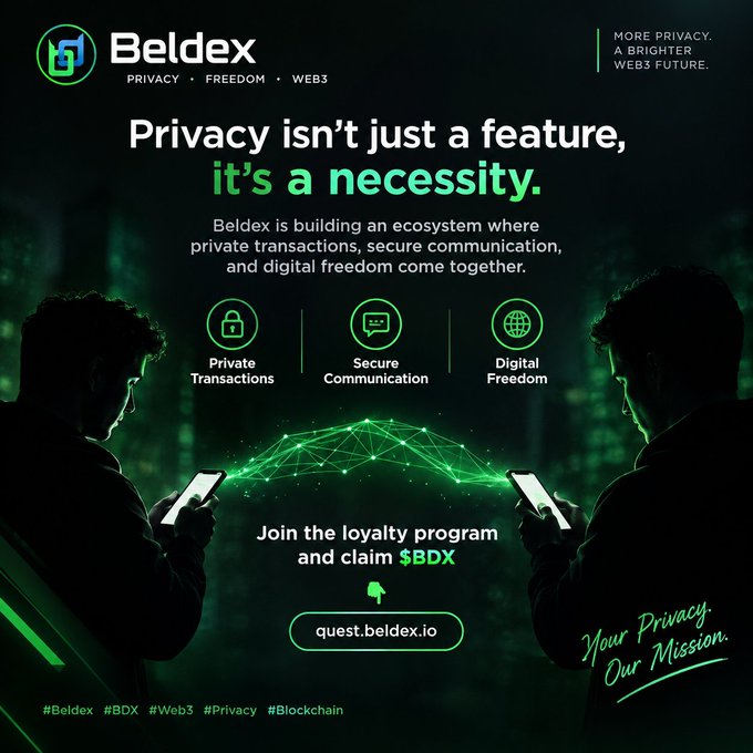 A promotional graphic for 'Beldex' cryptocurrency emphasizing privacy, featuring text like 'Privacy isn't just a feature, it's a necessity' and highlighting private transactions, secure communication, and digital freedom.
