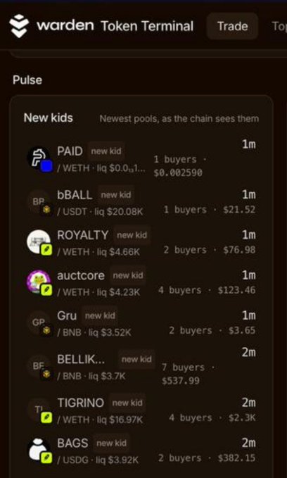 A screenshot of the 'warden Token Terminal' app showing a list of new tokens including PAID, bBALL, ROYALTY, auctcore, Gru, BELLIK..., TIGRINO, and BAGS.