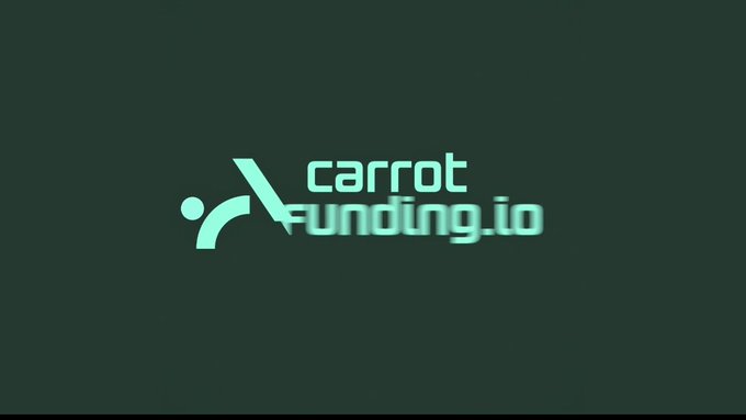 A logo for 'carrot funding.io' featuring a stylized carrot character in teal on a dark green background.