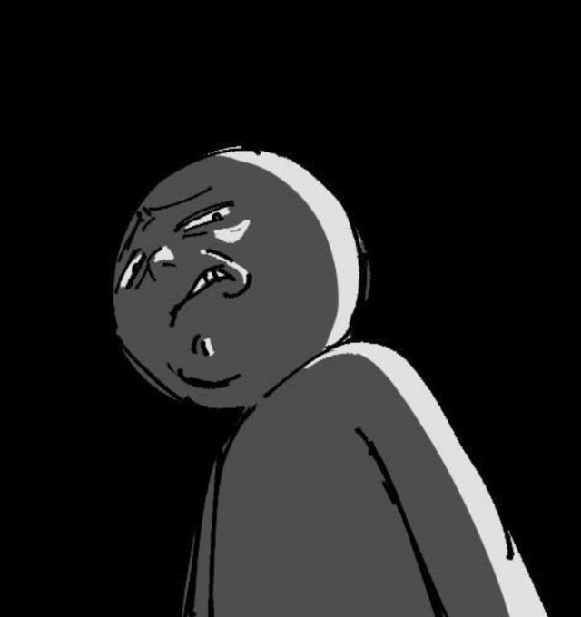 A grayscale illustration of a man with a tearful, sorrowful expression turning his head back over his shoulder. The image matches the post's sentiment, visually conveying the pitiful "poor me" face you'd make when someone asks you for money.