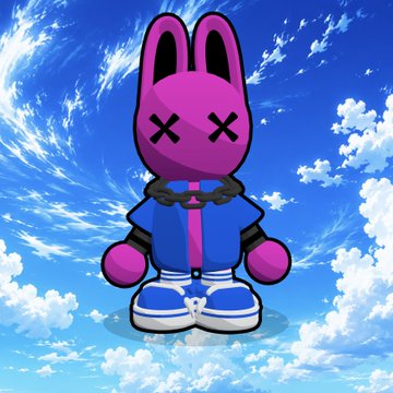 A 3D rendered character resembling a stylized bunny figure with X-shaped eyes, wearing a blue and pink outfit with chains, set against a bright blue sky with white clouds.