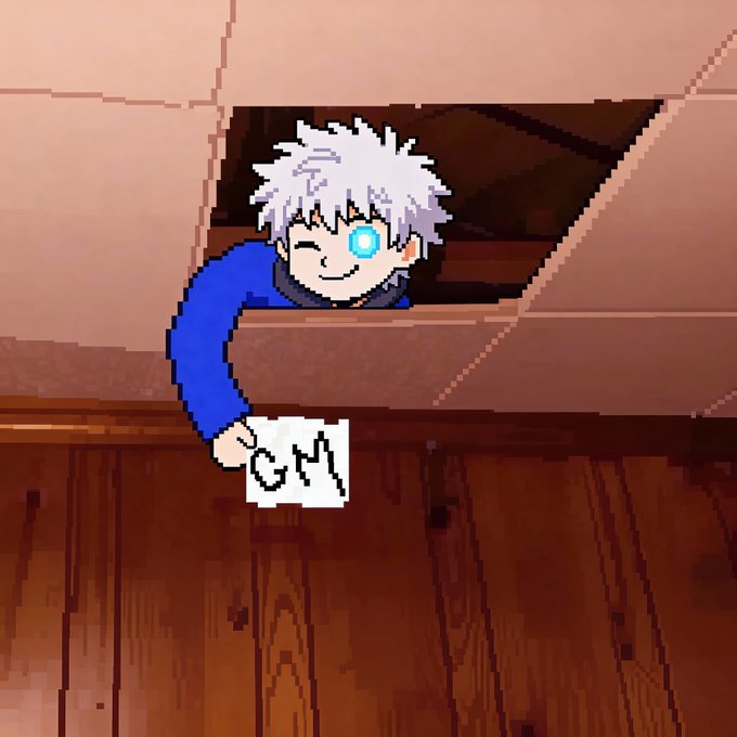 A pixel-art style image of a white-haired character with a glowing blue eye peeking out from under a piece of cardboard while holding a sign that reads 'GM'.