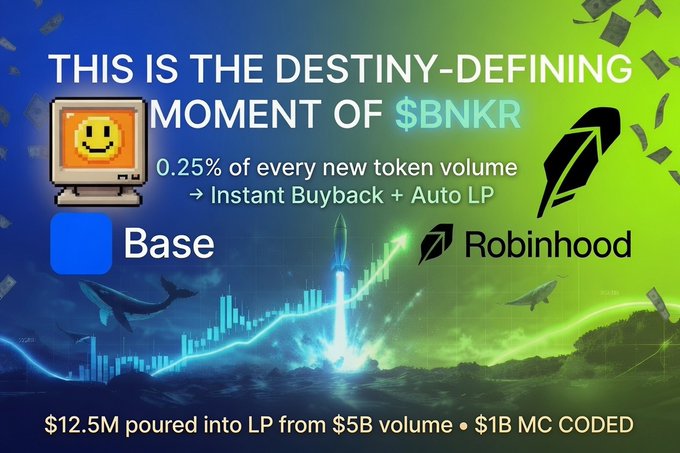 A promotional graphic for '$BNKR' token highlights 'THIS IS THE DESTINY-DEFINING MOMENT' with details about tokenomics, featuring logos for Base and Robinhood, noting '$12.5M poured into LP from $5B volume • $1B MC CODED'.
