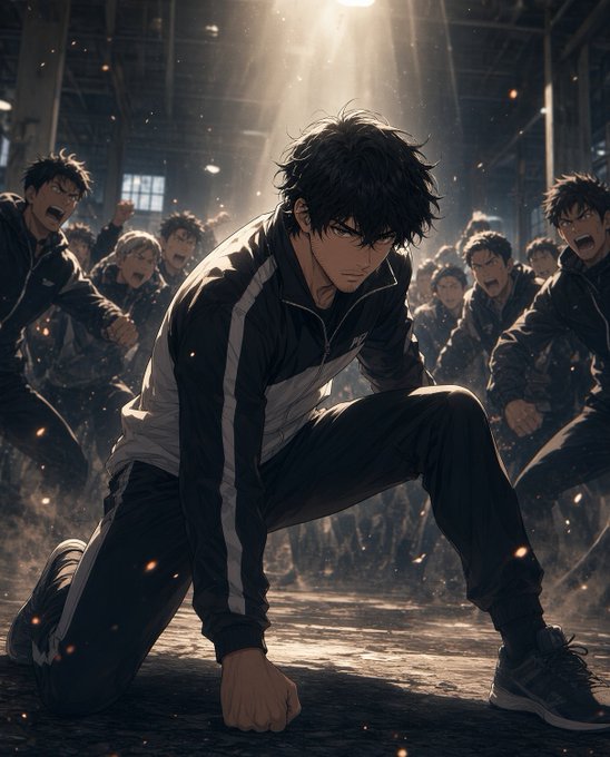 An anime-style image shows a young man with dark hair kneeling on the ground in a track suit, with a crowd of shouting figures behind him in a dimly lit industrial setting.