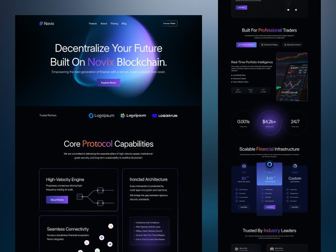 A dark-themed website design for "Novix" blockchain featuring the tagline "Decentralize Your Future Built On Novix Blockchain" with sections for "Core Protocol Capabilities" and pricing plans starting at $0, $49, or Custom.