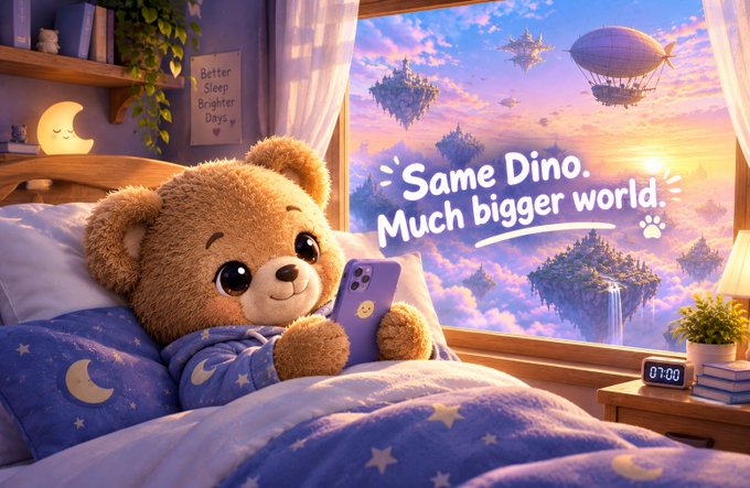 An AI-generated image of a cute teddy bear in pajamas holding a smartphone in bed, with the text "Same Dino. Much bigger world." overlaid against a fantasy sky background with floating islands.