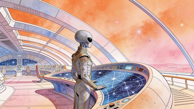 An illustrated sci-fi scene of an astronaut standing at a futuristic console with a glowing star map, looking out a large window at a pink and orange alien landscape and sky.