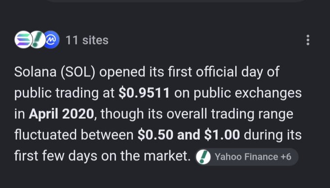 The image shows a Yahoo Finance excerpt stating that Solana (SOL) opened its first day of public trading at $0.9511 in April 2020, with prices ranging between $0.50 and $1.00. The caption relates to the post by highlighting SOL's affordable early price point that would have allowed a savvy investor to buy Solana cheaply in 2020 before its dramatic price appreciation.