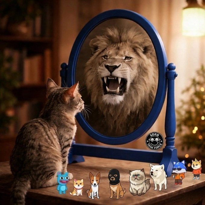 A small cat stares into an ornate blue vanity mirror, only to see a fierce, roaring lion reflected back instead of its own reflection—capturing the "base just hits different" energy of discovering a bold, unexpected inner beast. Small cartoon animal stickers and a "DESERT FORCE" logo decorate the vanity below.