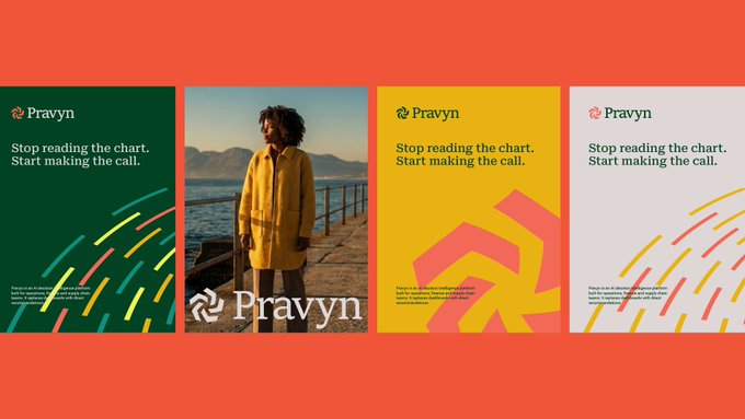 A series of four Pravyn advertisement posters with the tagline 'Stop reading the chart. Start making the call.' displayed in green, photographic, yellow, and white color schemes against an orange background.