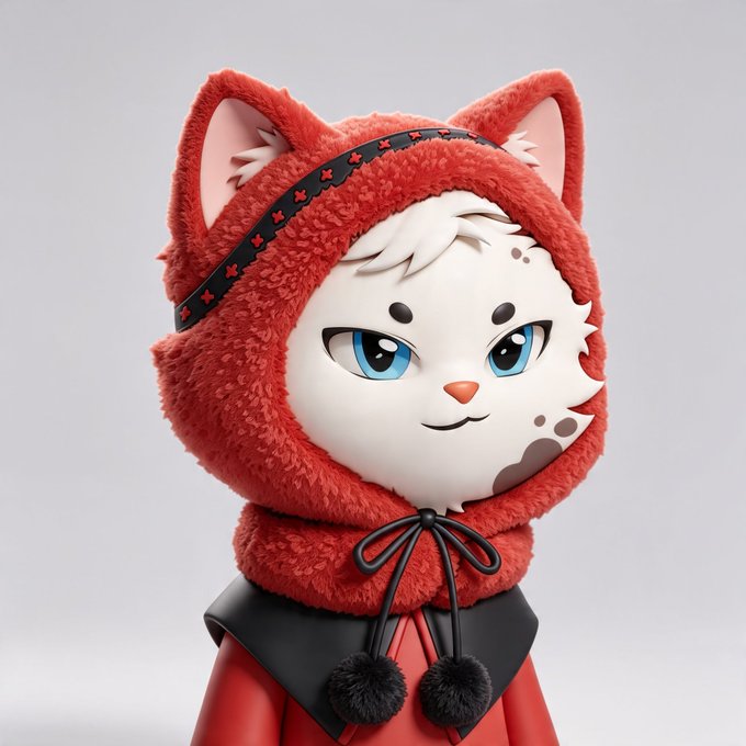 A 3D-rendered character features a stylized white cat face with blue eyes wearing a fluffy red hooded cloak fastened with a black bow and pom-poms.