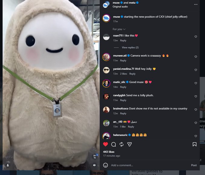 An Instagram post showing a plush mascot character alongside a comment section where users congratulate 'muse' on starting a new position as CIO at 'chief jolly offices'.