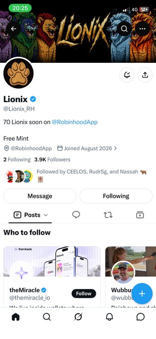 A screenshot of an X (Twitter) profile for 'Lionix' (@Lionix_RH) with the bio '70 Lionix soon on @RobinhoodApp', displaying a follower count of 3.9K and a banner featuring lion artwork.