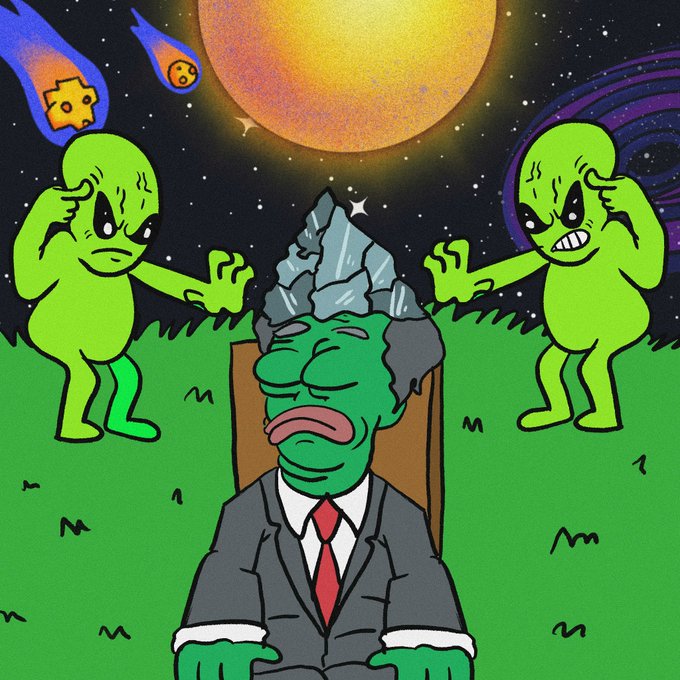 A green-skinned figure in a suit sits with eyes closed and tongue out, seemingly in a trance, while two angry green aliens hover near his head against a cosmic backdrop with planets and meteors. The image humorously illustrates the post's reference to "Solaxy" (solaxy.io) consuming one's thoughts, suggesting the cryptocurrency has taken over the man's mind like an otherworldly force.