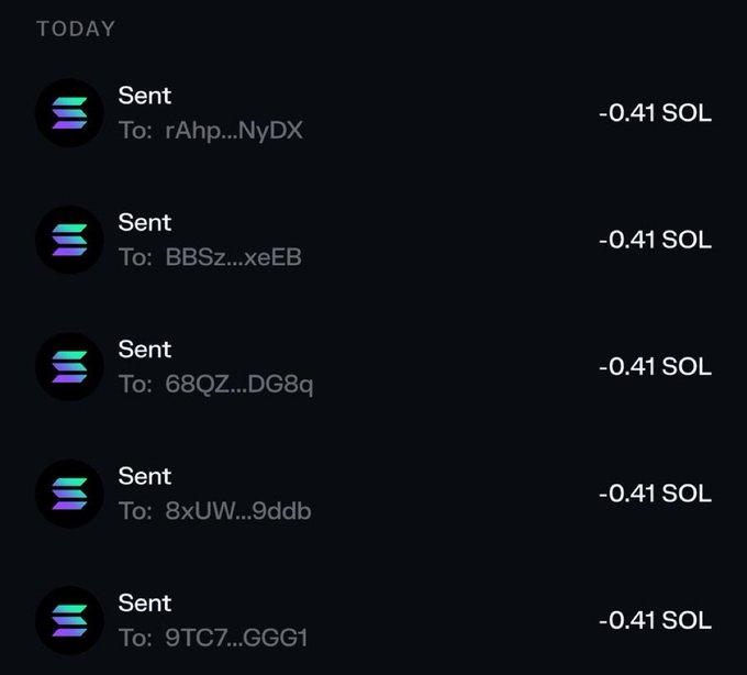 The image shows a transaction history with five "Sent" entries, each for -0.41 SOL, sent to different addresses (rAhp...NyDX, BBSz...xeEB, 68QZ...DG8q, 8xUW...9ddb, and 9TC7...GGG1). This appears to be evidence of a crypto giveaway, supporting the post's claim of distributing SOL to 50 winners—though the image only shows 5 transactions of 0.41 SOL each, which totals only about 2.05 SOL rather than 50.