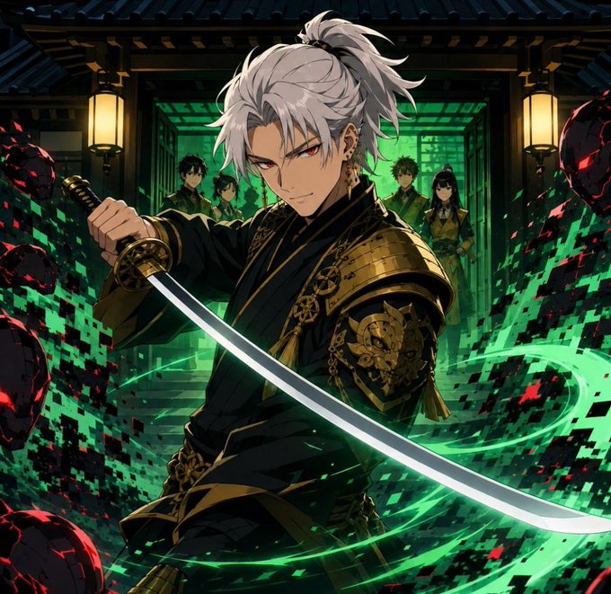 A white-haired anime warrior in ornate black and gold armor wields a glowing katana amidst swirling green energy and dark orbs, with four onlookers standing behind him in a traditional Asian-style hall. The image evokes a sense of epic power and mysticism, fitting for a giveaway post offering 10 FCFS spots from @KenjiOrigins' collection of 3333 total supply, with a free mint launching soon on @RobinhoodApp.
