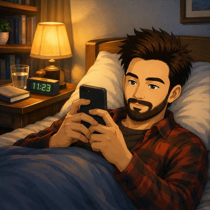 In this digital age, people often use their smartphones for various tasks while lying in bed or during a break from work. The image depicts a man wearing a red plaid shirt sitting in his bed with his phone in hand, possibly checking messages, browsing social media, or using an app. This scene reflects the common practice of individuals utilizing technology to stay connected and entertained even when they are not actively engaged in other activities.
