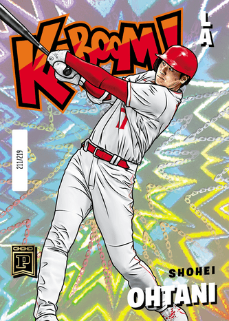 A baseball trading card featuring Shohei Ohtani in a batting pose, labeled 'KABOOM!' and 'SHOHEI OHTANI' with a 21U21B serial number.