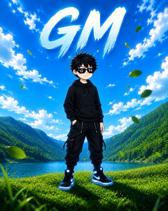 Anime-style illustration of a dark-haired boy in a black hoodie and 'GM' sunglasses standing in a grassy field by a lake and mountains, with large 'GM' text floating in the blue sky.