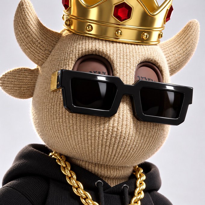 A 3D render of a character wearing a knit balaclava, large black square sunglasses, a gold crown, gold chain, and black jacket.