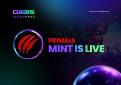 A promotional graphic for 'PRIMALS MINT IS LIVE' by ORBIS Launchpad, featuring a red claw logo against a dark cosmic background.
