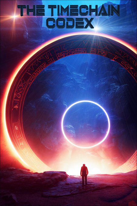 The image showcases the cover of "The Timechain Codex," featuring a lone silhouetted figure standing before a glowing portal with mysterious runes, set against a dramatic cosmic landscape bathed in blue and orange light. This striking AI-generated artwork introduces the first installment of a nine-part Bitcoin sci-fi graphic novel series inspired by Dhruv Bansal's "Bitcoin Astronomy," with editing by Tomer Strolight.