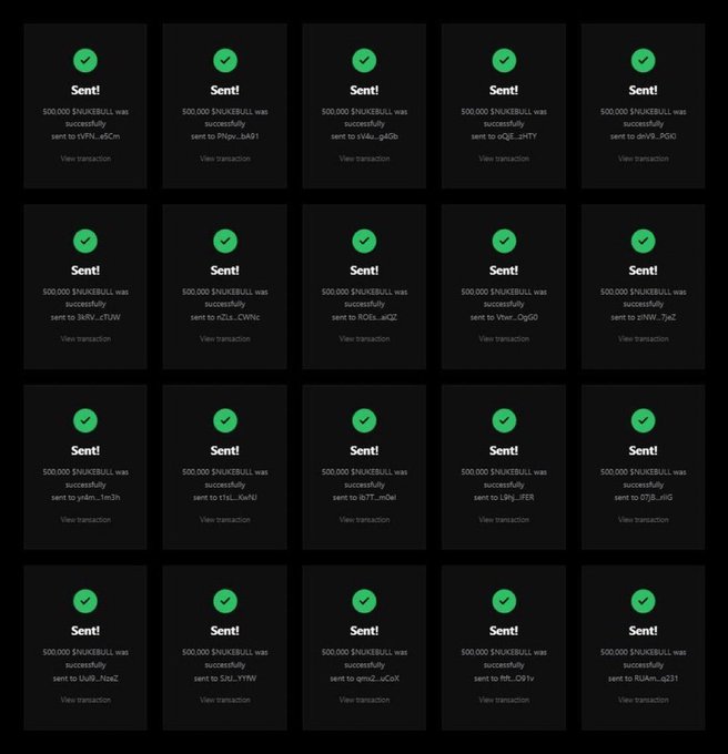 A grid of twenty transaction confirmations showing "500,000 $NUKEBULL was successfully sent" to various wallet addresses, all marked as "Sent!" with green checkmarks.