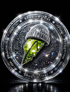 A digital silver coin featuring a green gemstone and a metallic hood-like structure, with circuit board patterns and 'SrobinWifHat' text around the rim.