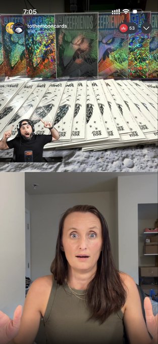 A vertical video screenshot showing a top portion with colorful artwork and the username 'tothemooncards', a middle section of a man surrounded by stacks of 'PURE FIRE' merchandise, and a bottom section of a woman with wide eyes gesturing in surprise.