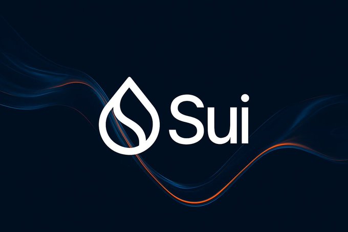 The Sui blockchain logo featuring a white water drop icon with 'Sui' text on a dark blue background with flowing blue and orange wave accents.