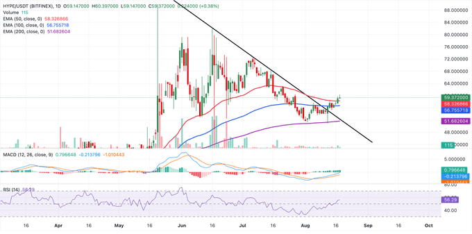 A cryptocurrency candlestick chart for HYPE/USDT on Bitfinex shows price action from April to October, displaying a descending trendline, moving averages (EMA 50, 100, 200), MACD, and RSI indicators with a current price near $59.97.