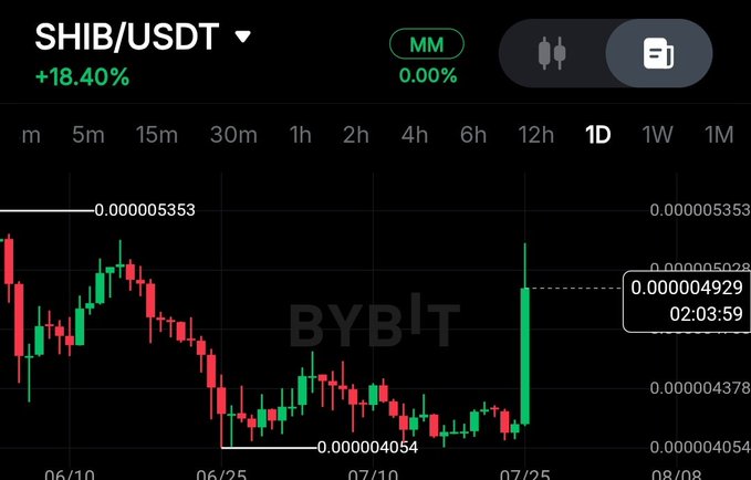 A Bybit cryptocurrency trading chart for SHIB/USDT showing an 18.40% gain with a recent sharp green candle indicating a significant price increase.