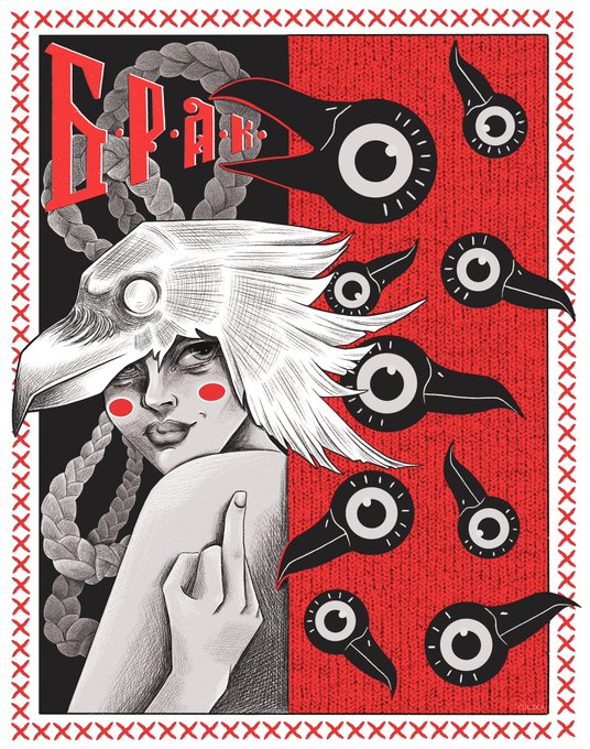A red and black illustrated poster titled 'EF-AR' showing a figure wearing a bird mask with red cheek marks, surrounded by floating eyes and braided hair elements.