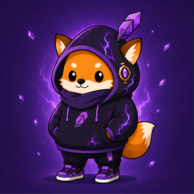 A chibi-style Shiba Inu character wearing a dark hoodie with purple lightning accents and a crystal arrow through the hood, set against a purple mystical background with floating shards, promoting the "HOODZI" NFT mint on Robinhood Chain at 0.0009 ETH.