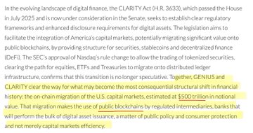 The image shows a document with yellow text that reads "Clarity Act Hr 833 which passed the House in July 2005 and now is under consideration by the Senate, seeks to establish clear regulations for digital assets. The legislative framework and enhancing the SEC's approval of nodal blockchain chains." This information suggests that there might be a discussion or debate about the clarity of the clarity act regarding digital asset regulation.