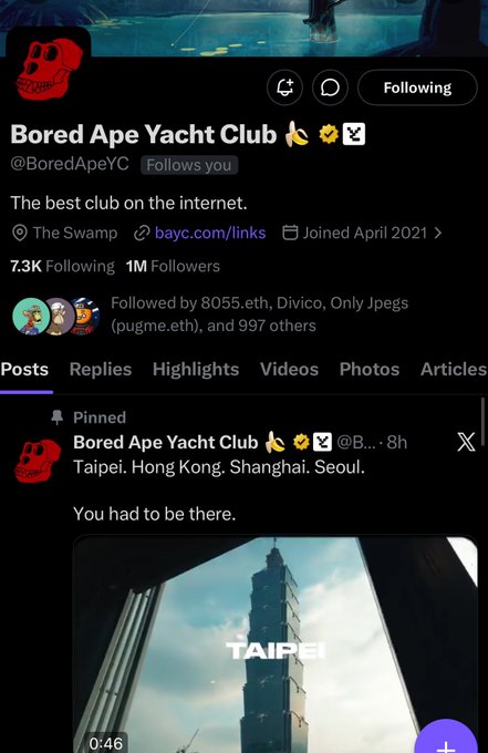 A Twitter/X profile page for Bored Ape Yacht Club (@BoredApeYC) with a pinned post reading 'Taipei. Hong Kong. Shanghai. Seoul. You had to be there.'