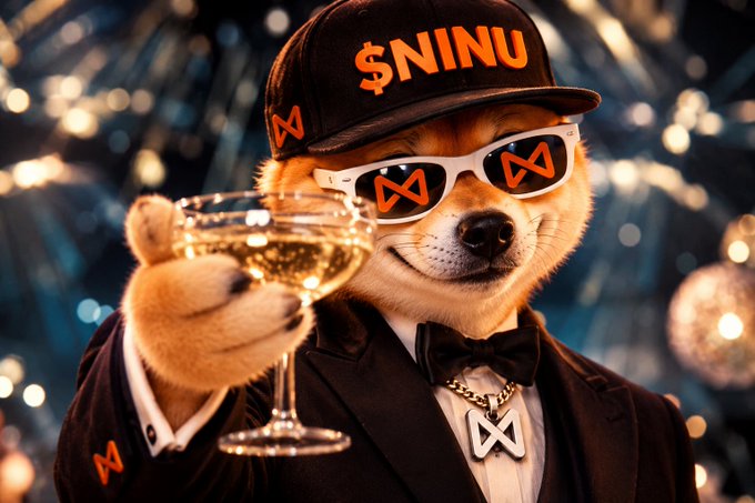A digitally created image of a Shiba Inu dog wearing a black suit, bow tie, white sunglasses, and a cap with "$NINU" written on it, holding a glass of champagne.