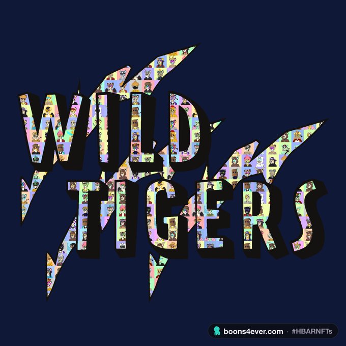 A digital art piece displaying the words 'WILD TIGERS' filled with a colorful pattern of NFT profile pictures, branded with 'boons4ever.com #HBARNFTs'.