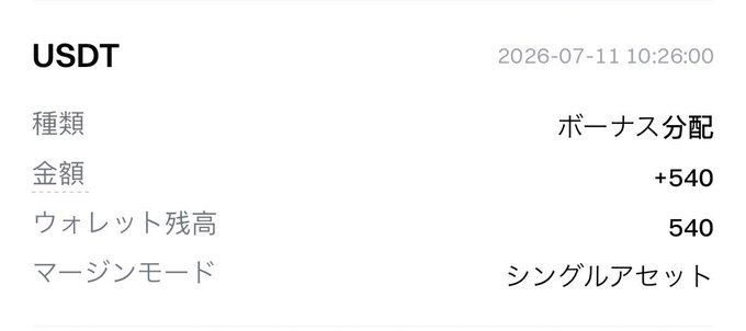 A screenshot showing a USDT transaction record from Bitget dated 2026-07-11, displaying a bonus distribution (ボーナス分配) of +540 USDT with a wallet balance of 540 in single asset margin mode, which corresponds to the user's post about receiving a 540 USDT bounty prize from Bitget.