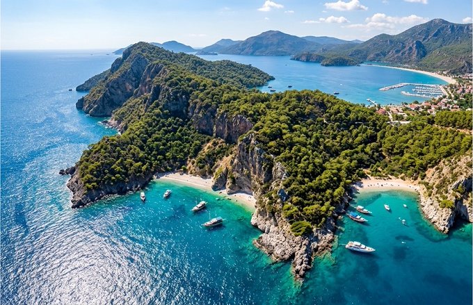 Aerial view of a scenic coastal landscape featuring turquoise waters, a rocky forested peninsula, and boats anchored in small coves.