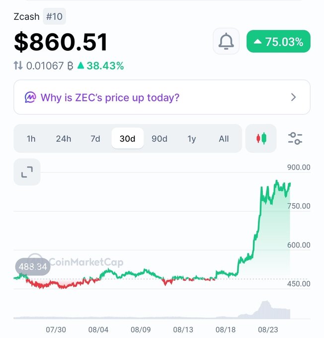 A CoinMarketCap chart for Zcash (#10) showing a price of $860.51, up 75.03% over 30 days, with a notable price spike around 08/18-08/23 from ~$450 to ~$850.